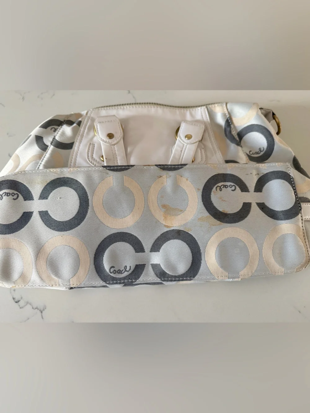 Coach White, Gray and Cream Signature Circle Tote
